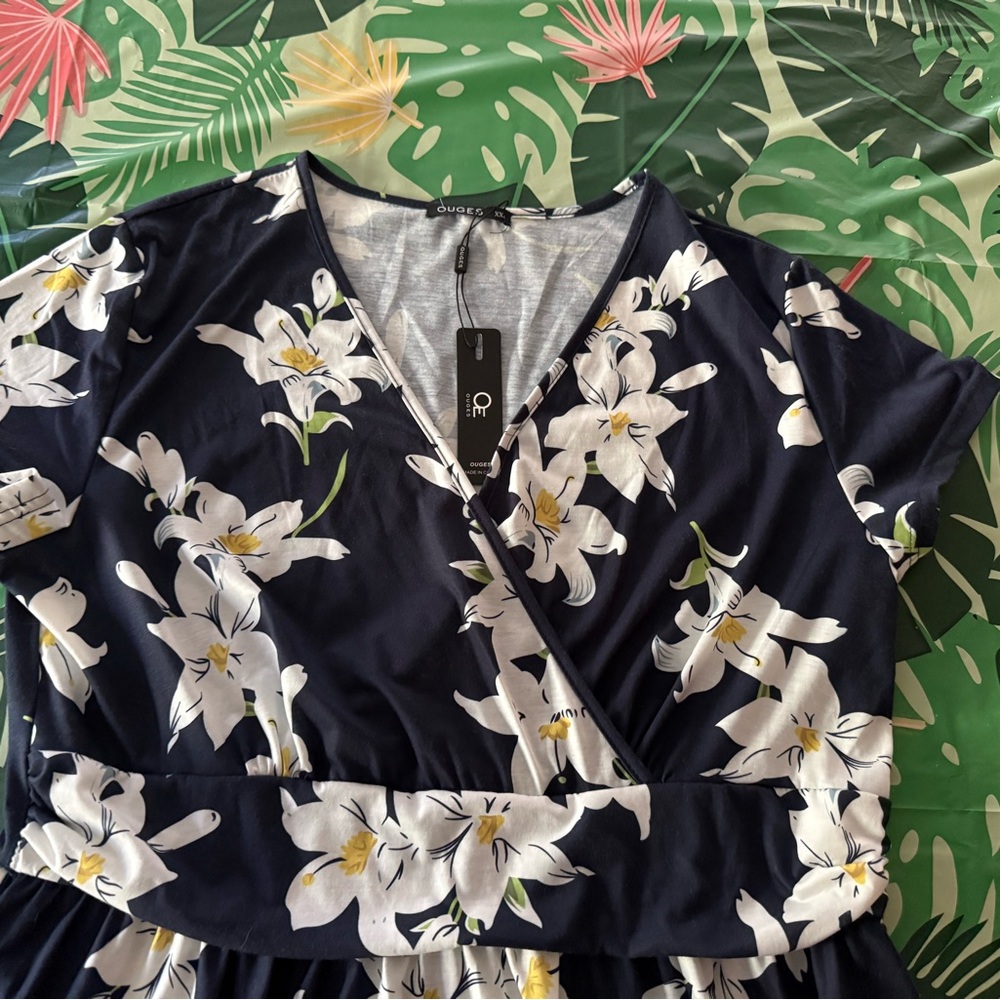 New Ouges Faux Wrap Floral Blue Casual V-neck Mid… - image 4